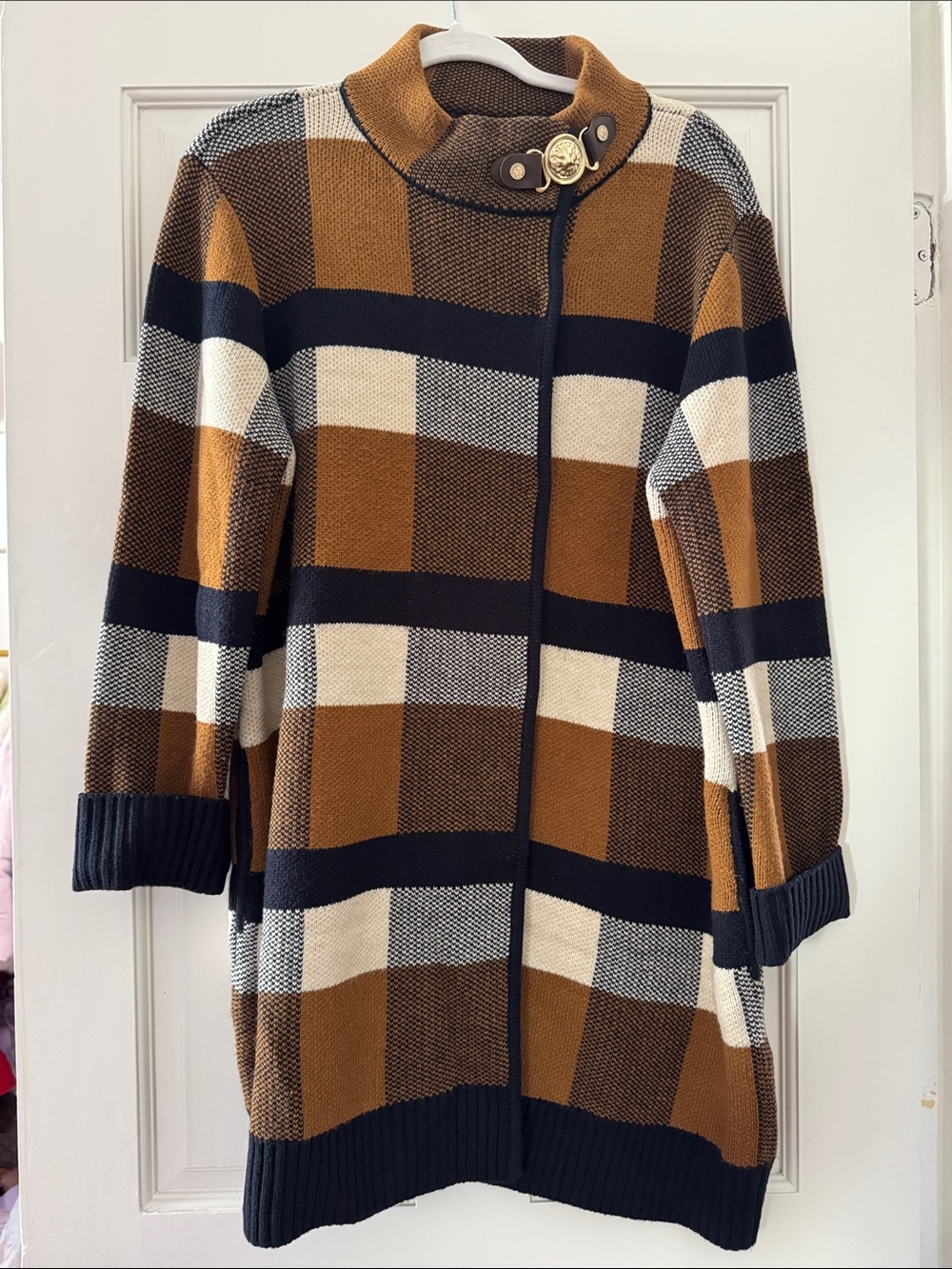 Anne Klein Brown, Cream & Black Plaid Long Cardigan with Lion detail clasp